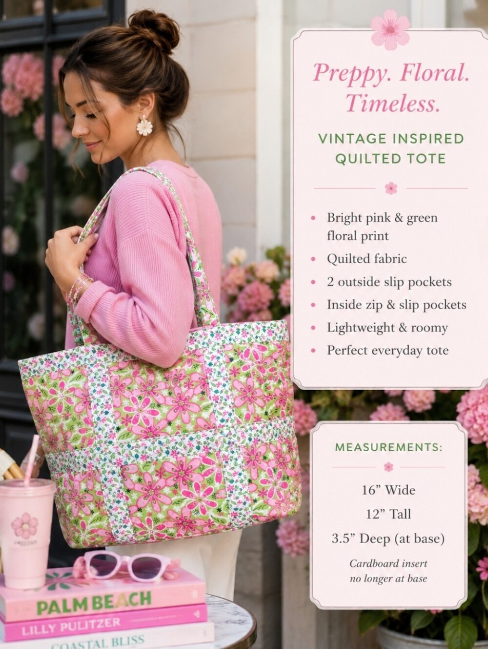 Preppy Pink Green Floral Tote Quilted Shoulder Bag Lilly Pulitzer Vibe Y2K